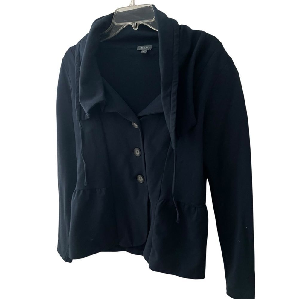 NWOT Lilla P Cowl Neck Sweatshirt Jacket Ruffle Medium Navy Blue Minimalist